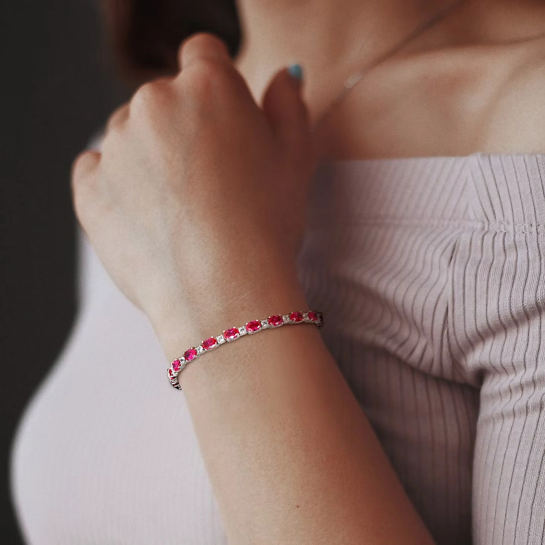 Lab-Created Ruby and White Sapphire Tennis Bracelet in Sterling Silver
