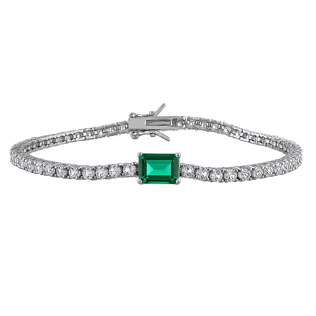Created Emerald & White Sapphire Solitaire Tennis Bracelet in Sterling Silver