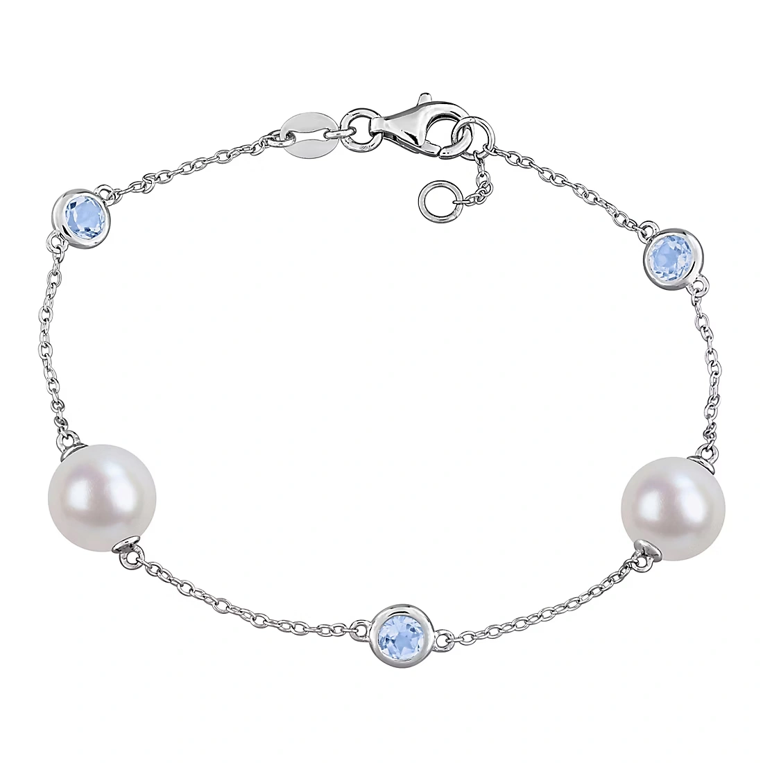 Cultured Freshwater Pearl & Gem Station Bracelet in Sterling Silver (Select Stone)