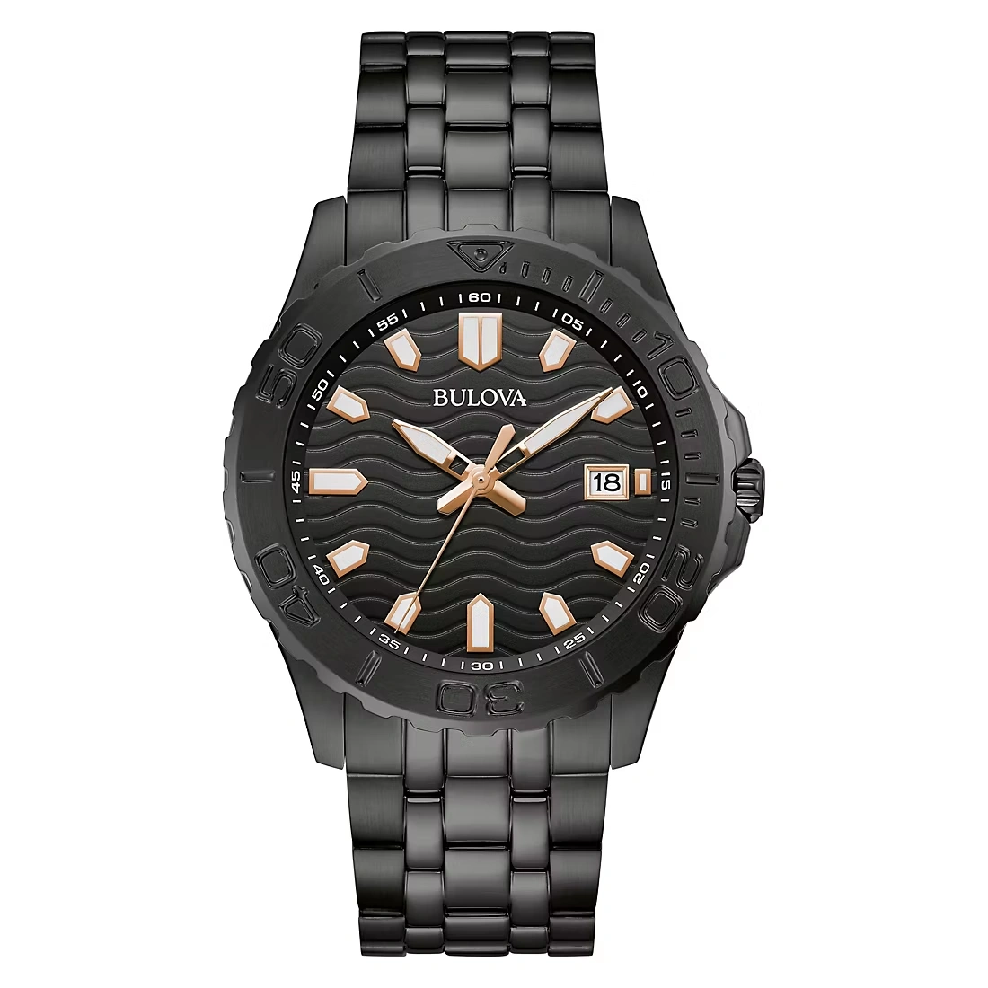Bulova Sport Black Iron Plated Stainless Black Dial Men's Rosetone Markers Bracelet Watch
