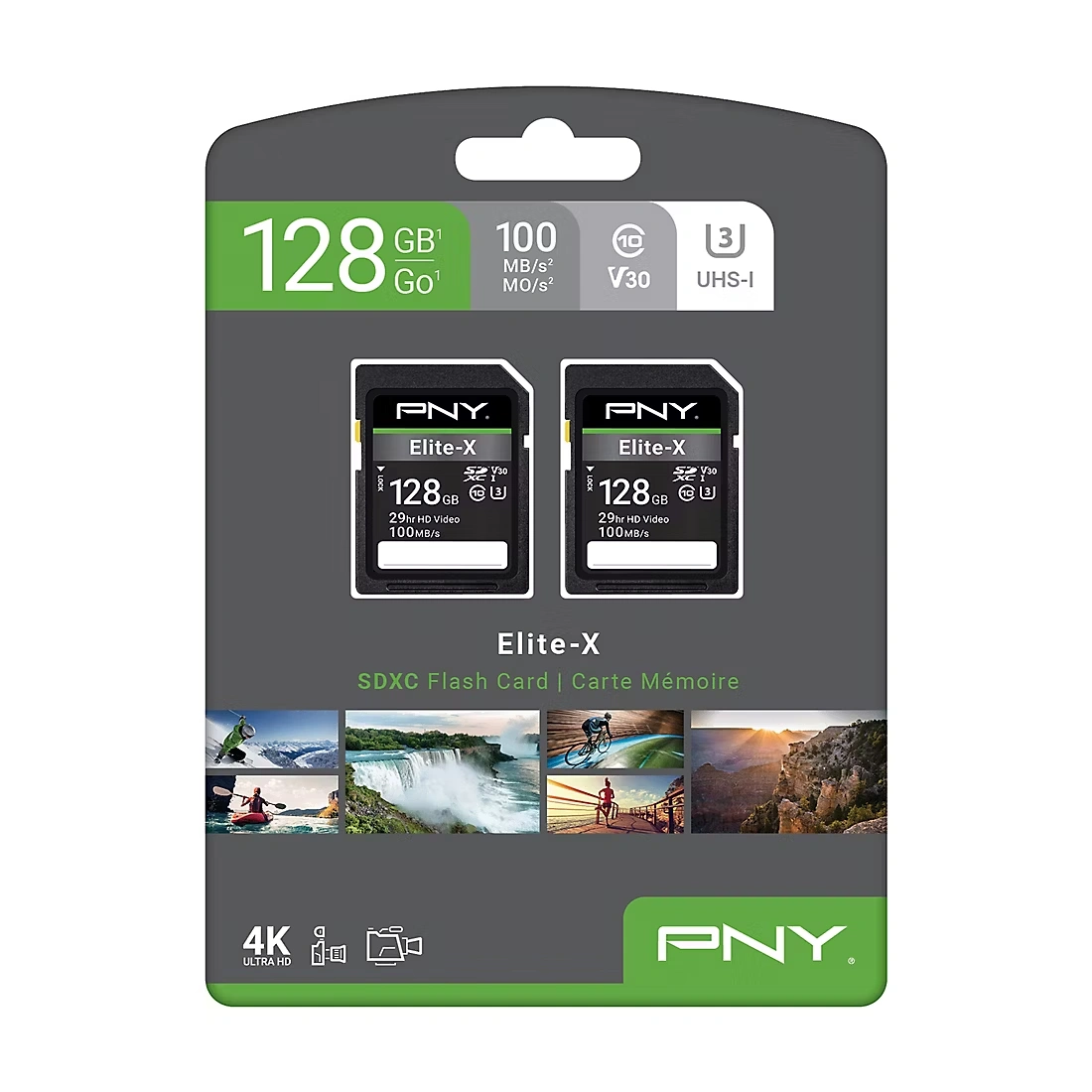 PNY 128GB Elite-X Class 10 U3 V30 SDXC Flash Memory Card, 2-Pk.
