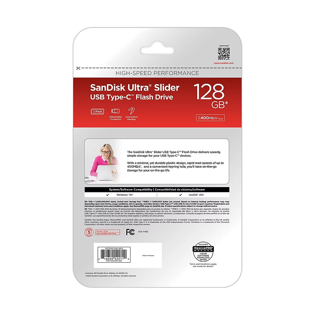 128GB SanDisk Ultra Slider USB Type-C Drive, 2 pk.