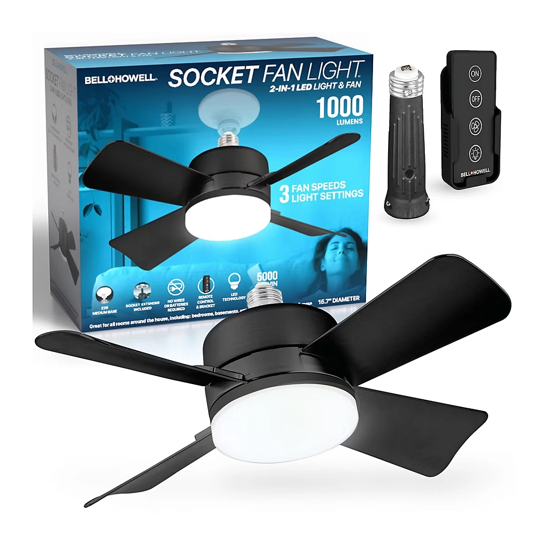 Bell + Howell Socket Fan Light - Matte Black Finish