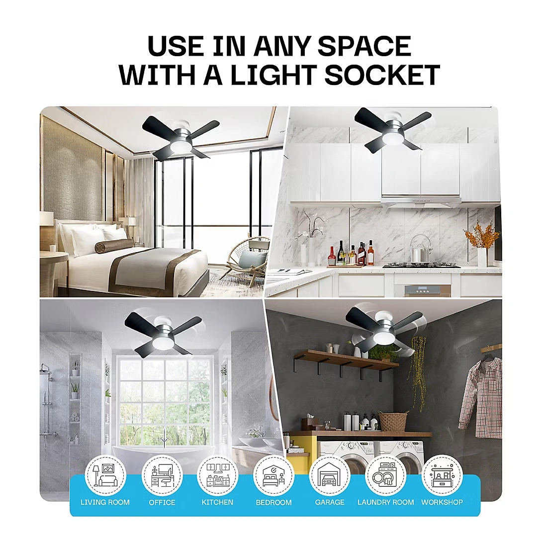 Bell + Howell Socket Fan Light - Matte Black Finish 5 Bell + Howell Socket Fan Light - Matte Black Finish