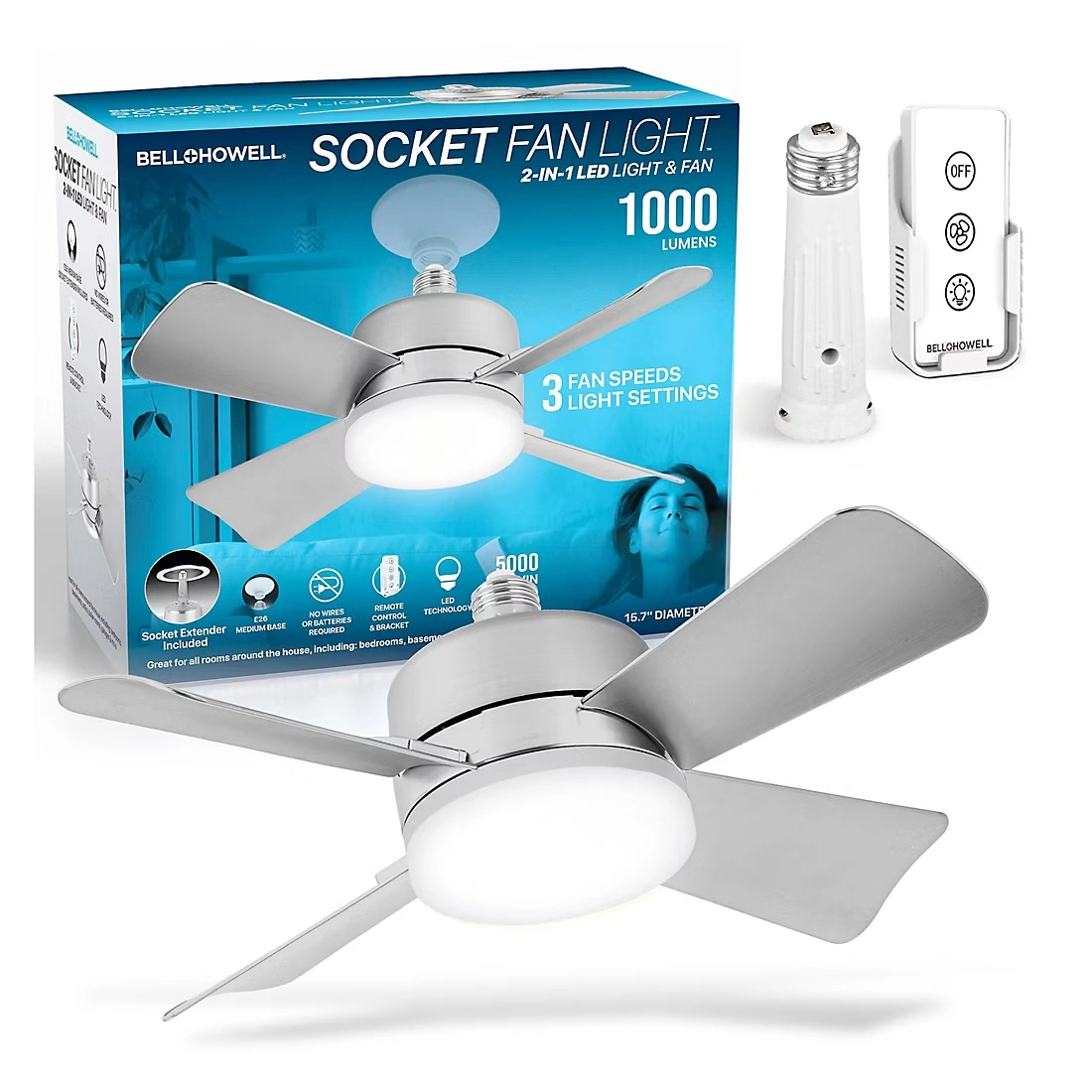 Bell + Howell Socket Fan Light - Brushed Silver