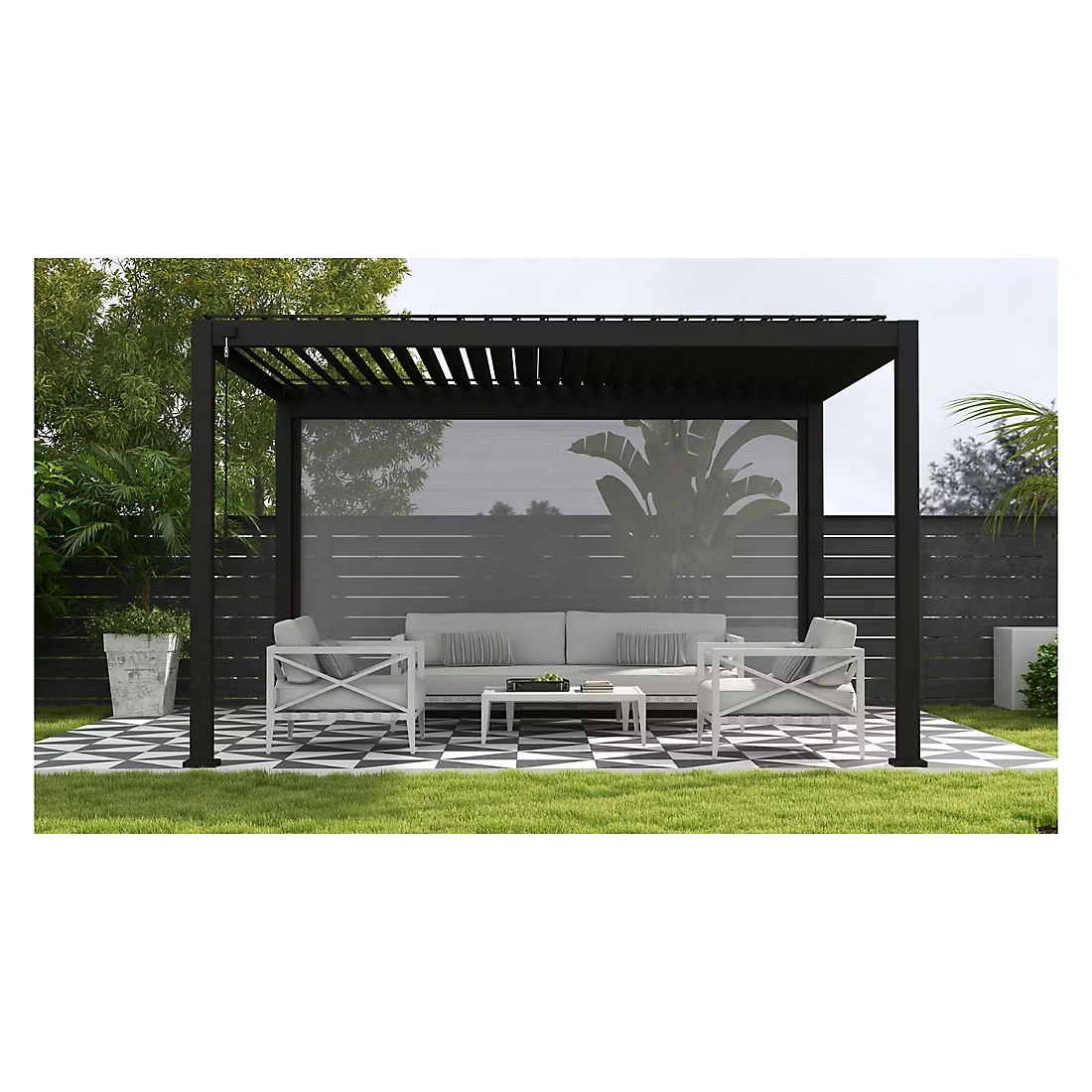 Mirador 10' x 13' Adjustable Aluminum Louvered Pergola with Privacy Screen - Charcoal