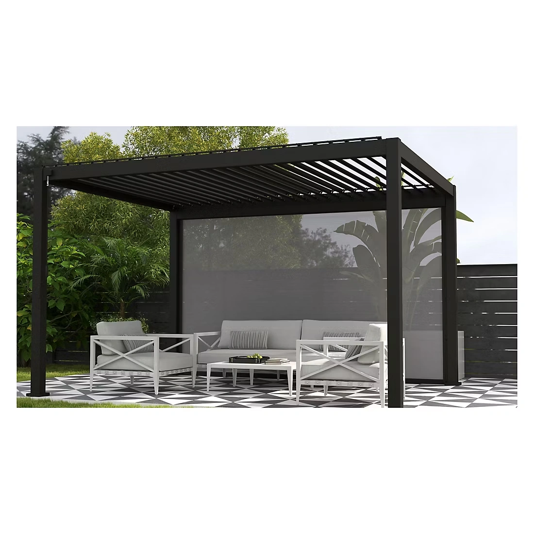 Mirador 10' x 13' Adjustable Aluminum Louvered Pergola with Privacy Screen - Charcoal