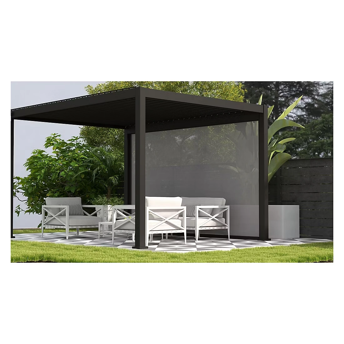 Mirador 10' x 13' Adjustable Aluminum Louvered Pergola with Privacy Screen - Charcoal