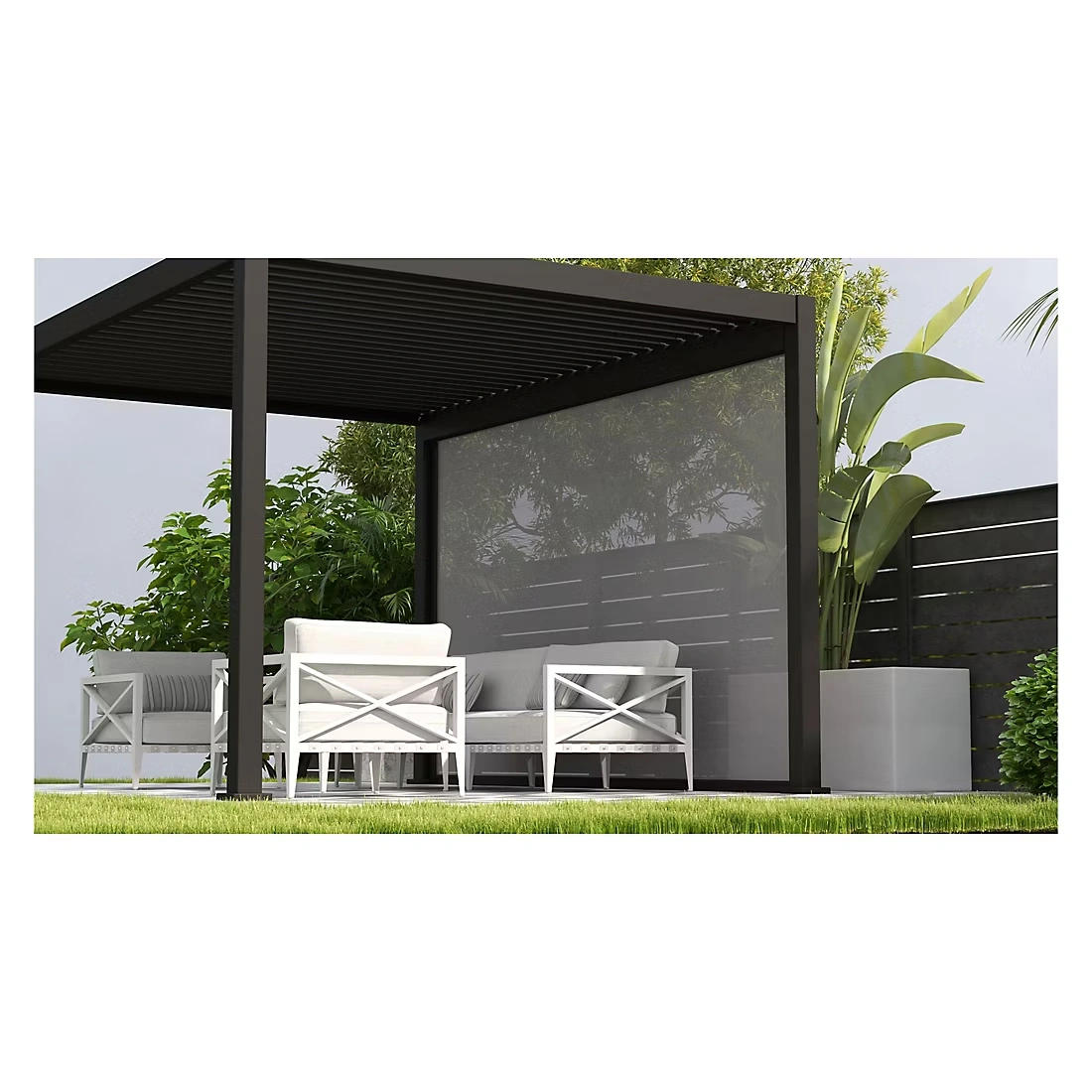 Mirador 10' x 13' Adjustable Aluminum Louvered Pergola with Privacy Screen - Charcoal