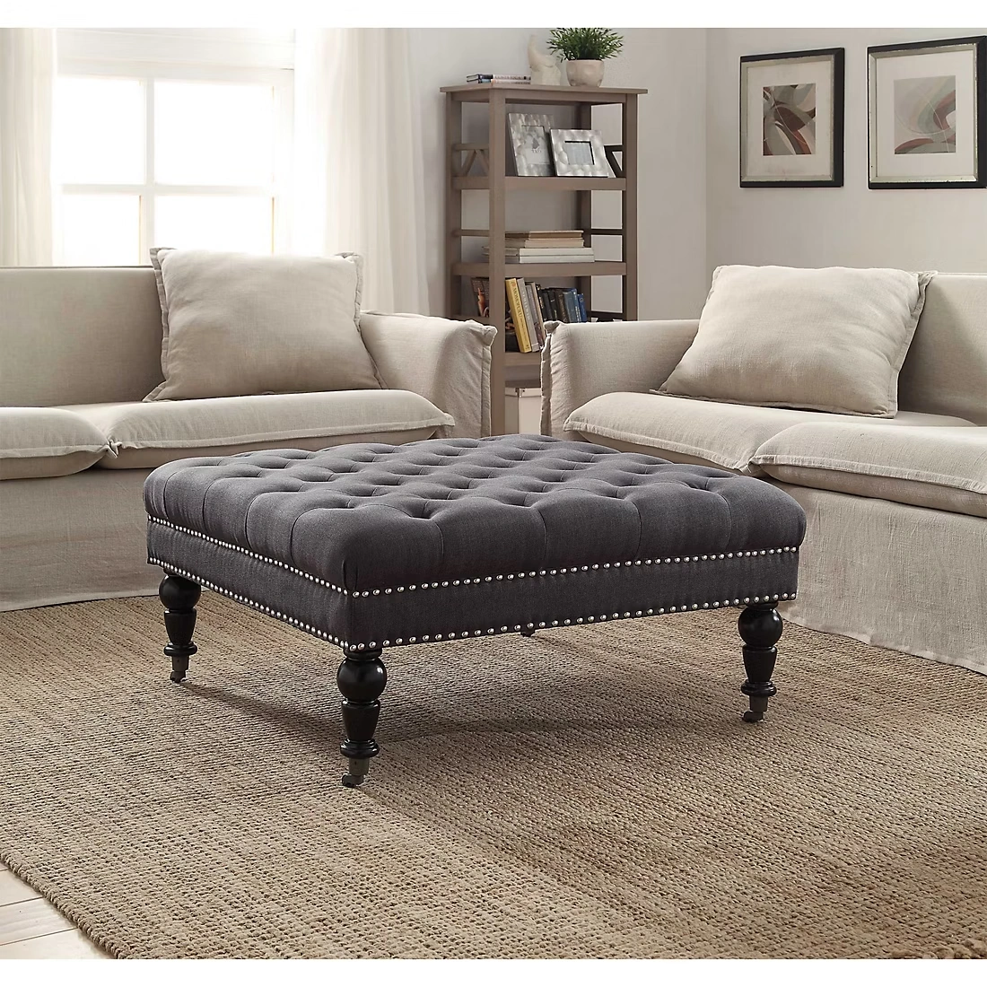 Ashlee Square Tufted Ottoman - Charcoal