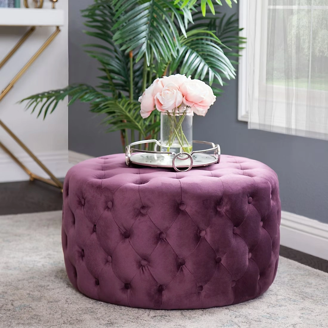 Abbyson Living Lilley Tufted Round Velvet Ottoman - Purple