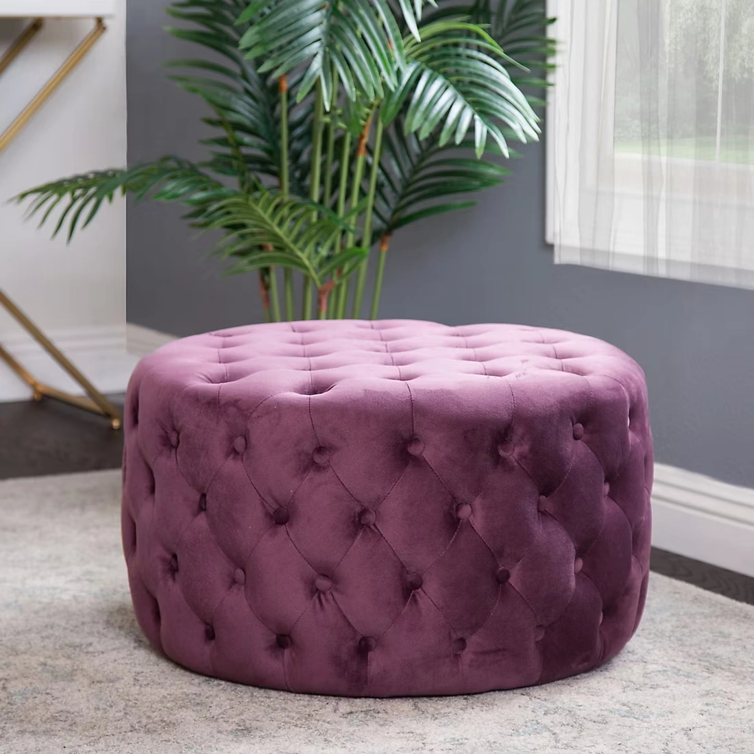 Abbyson Living Lilley Tufted Round Velvet Ottoman - Purple