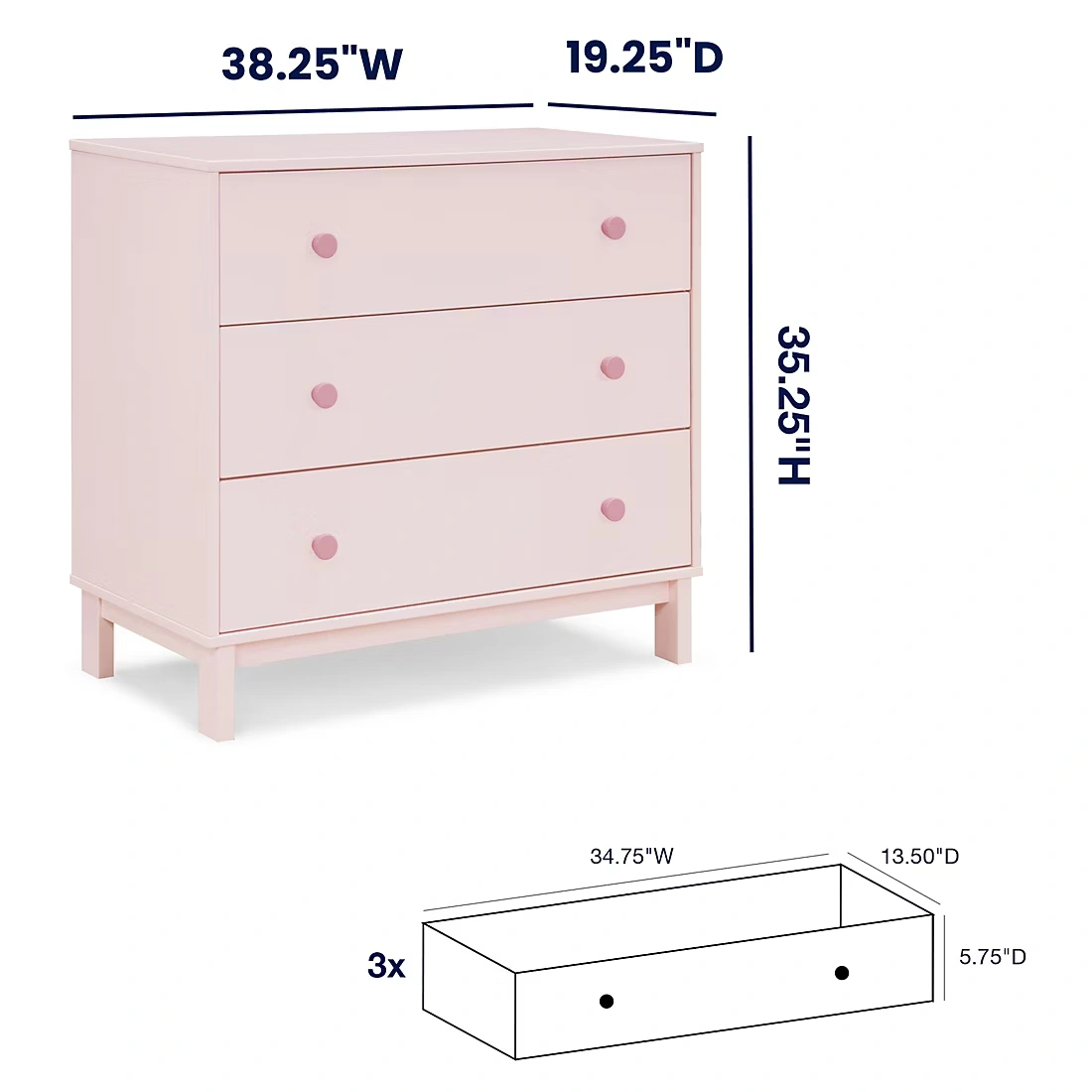 BabyGap by Delta Children Legacy 3 Drawer Dresser - Blush Pink/Dark Pink