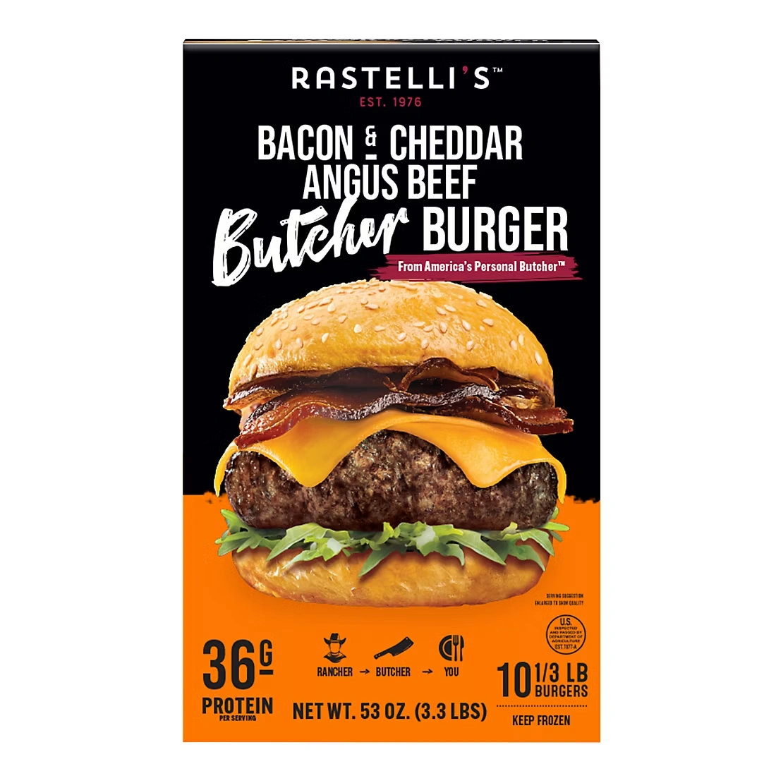 Rastelli's Bacon & Cheddar Angus Beef Butcher Burger, 10 ct./5.3 oz.