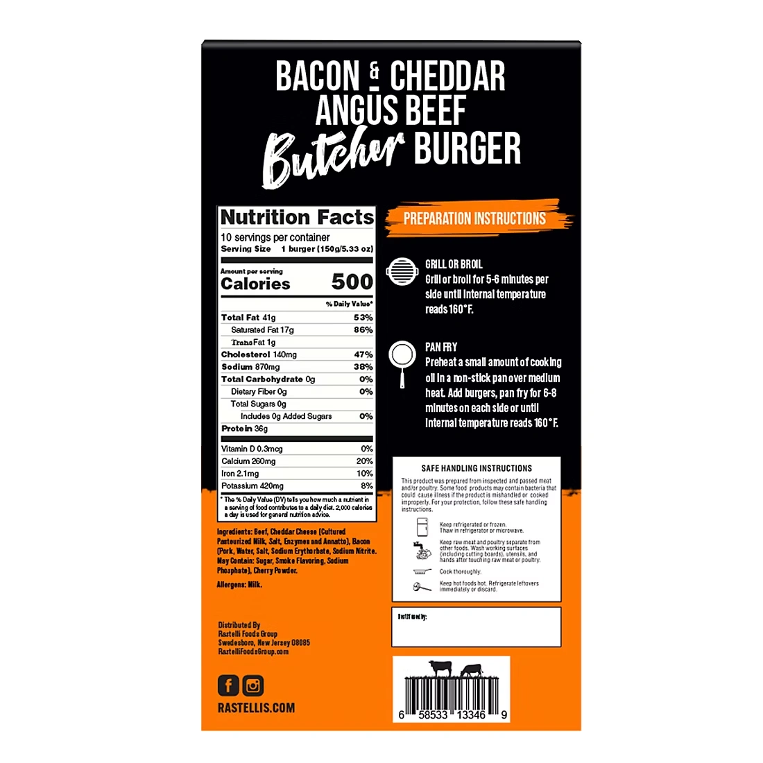 Rastelli's Bacon & Cheddar Angus Beef Butcher Burger, 10 ct./5.3 oz.