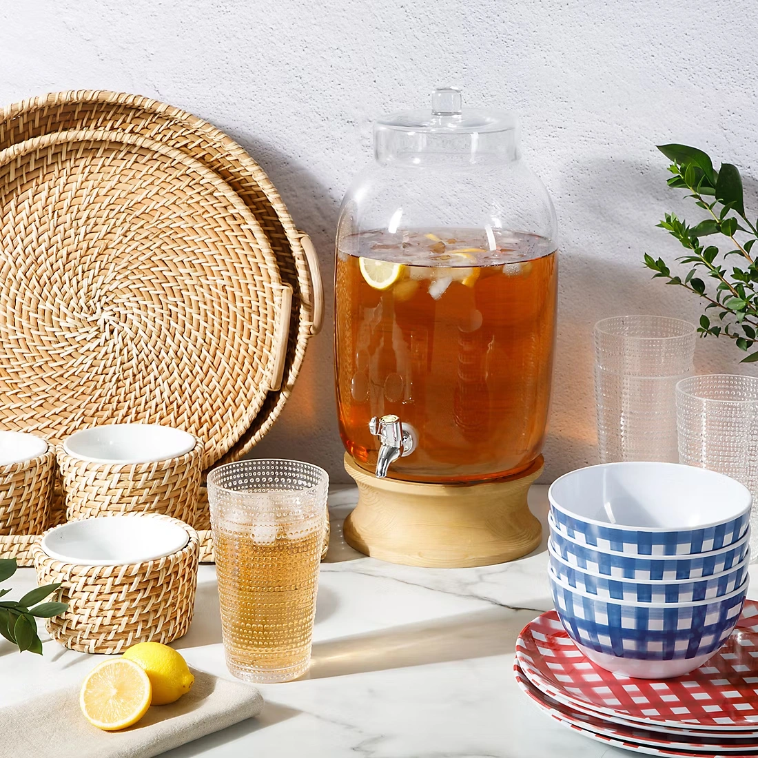Sur La Table Glass Beverage Dispenser with Wood Base, 270 oz./8L