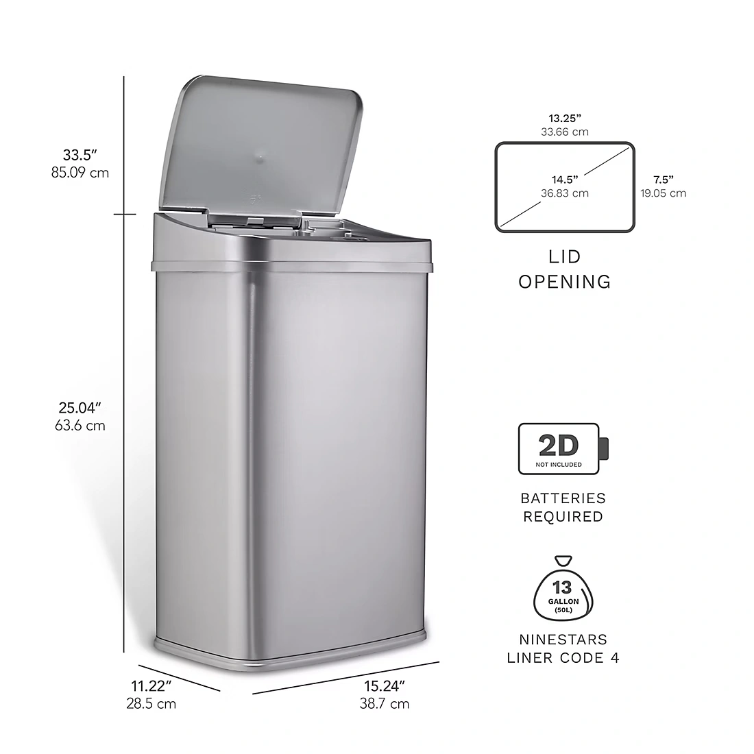 Nine Stars 13.2-Gal. Stainless Steel Sensor Trash Can - Silver