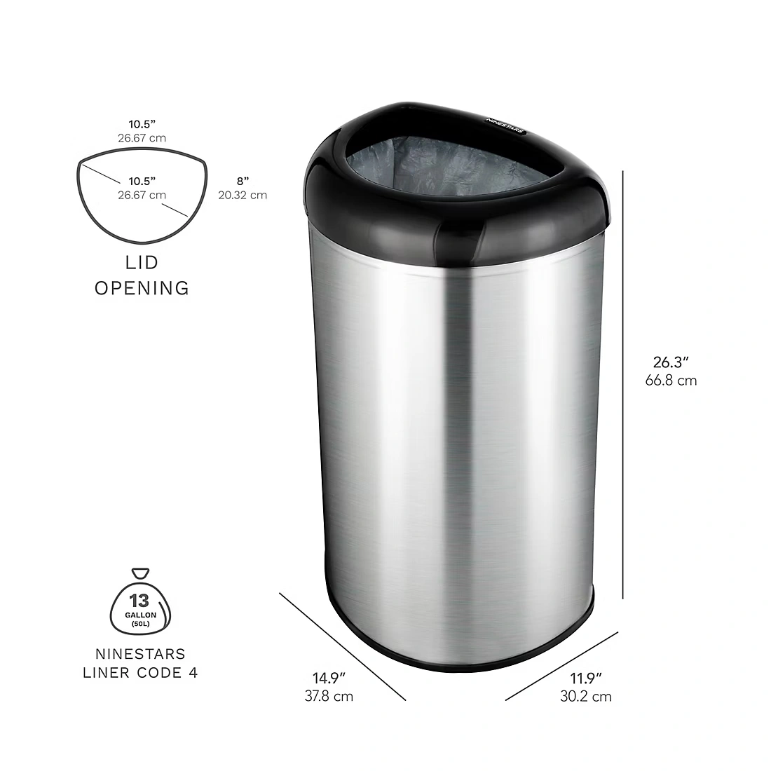 Nine Stars 13.2-Gal. Stainless Steel Open Top Trash Can - Black