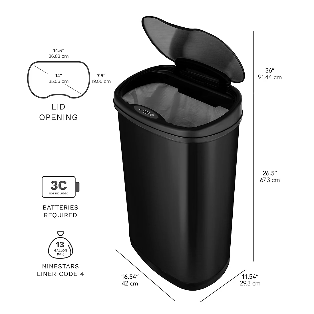 Nine Stars 13.2-Gal. Stainless Steel Sensor Trash Can - Black 4 Nine Stars 13.2-Gal. Stainless Steel Sensor Trash Can - Black