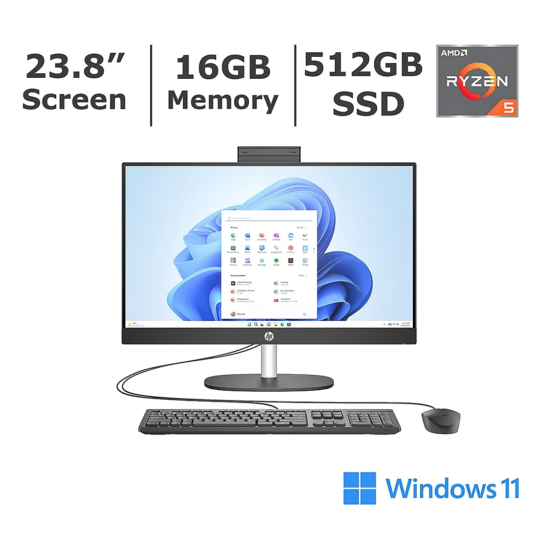 HP 23.8\" All-in-One Desktop PC, AMD Ryzen 5, 16GB RAM, 512 GB SSD