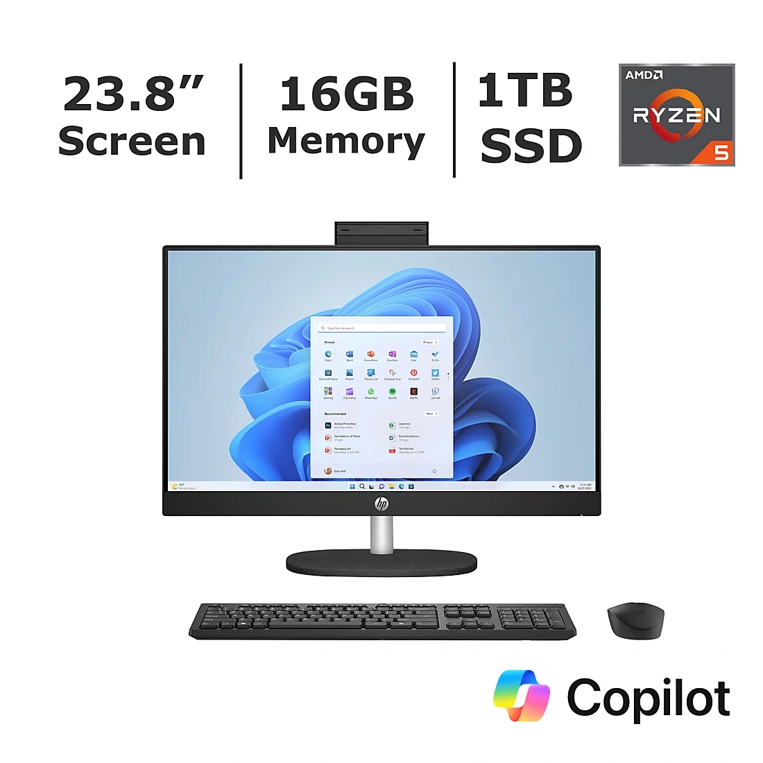 HP 23.8\" All-in-One Desktop PC, AMD Ryzen 5 Processor, 16GB Memory, 1TB SSD, Microsoft Copilot