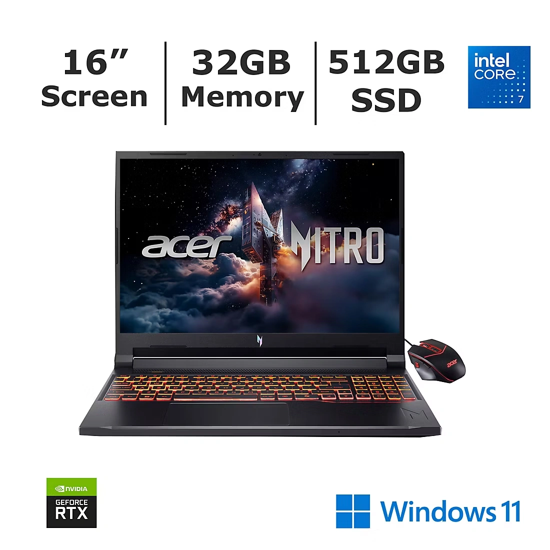 Acer Nitro V 16.0\" 180Hz Gaming Laptop, Intel Core 7 Processor, 32GB Memory, 512GB SSD, NVIDIA RTX 5060, with Bonus Mouse