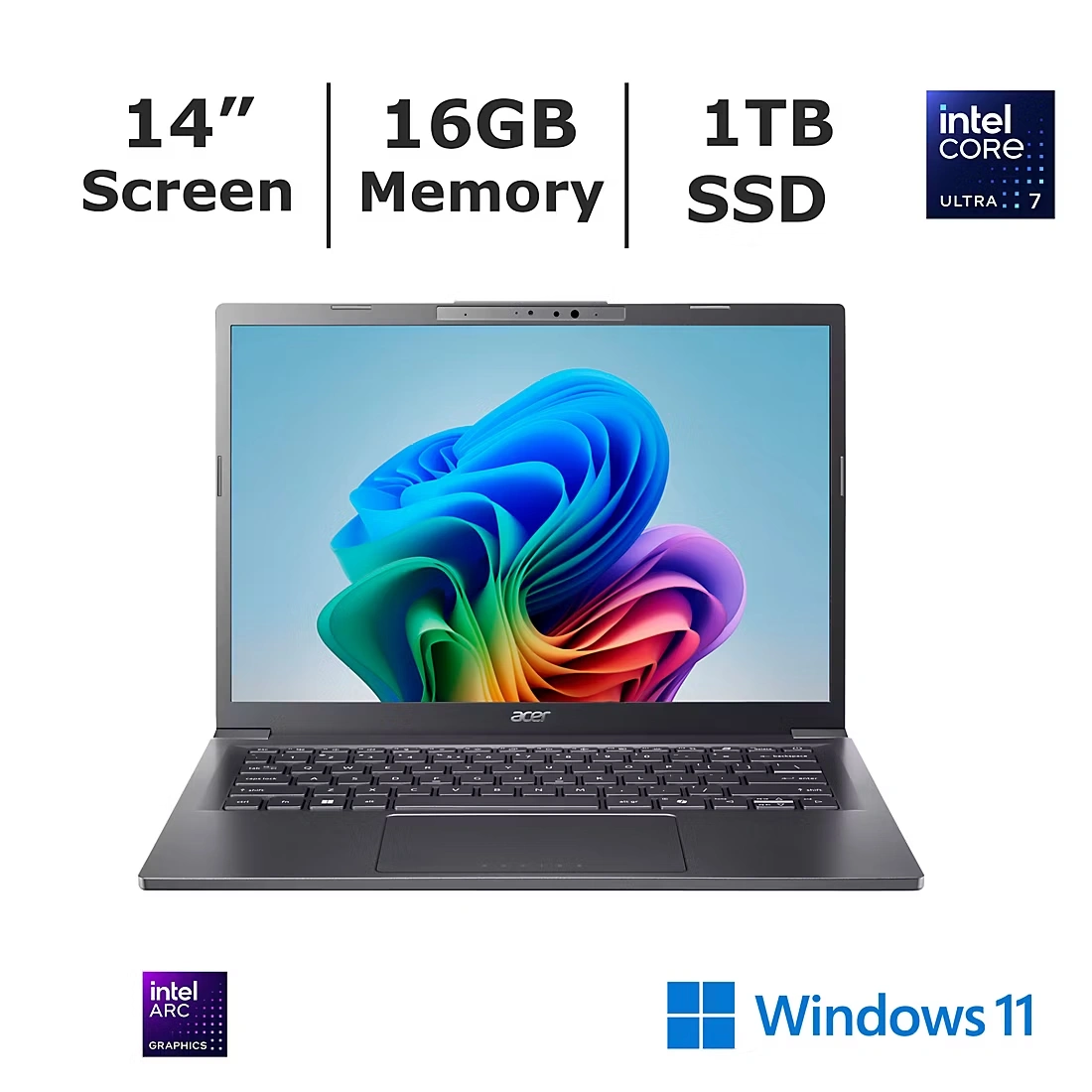 Acer Aspire 14\" Laptop, Intel Core Ultra 7 Processor, 16GB Memory, 1TB SSD, AI Copilot+ PC, Backlit Keyboard