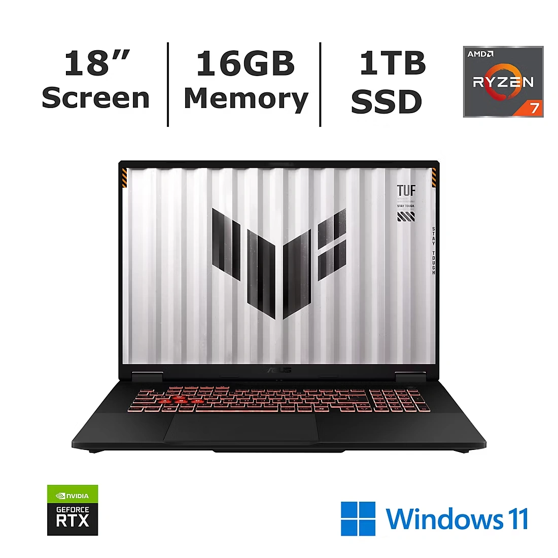 ASUS TUF 18\" FHD Gaming Laptop, AMD Ryzen 7 Processor, 16GB Memory, 1TB SSD, NVIDIA GeForce RTX 5050
