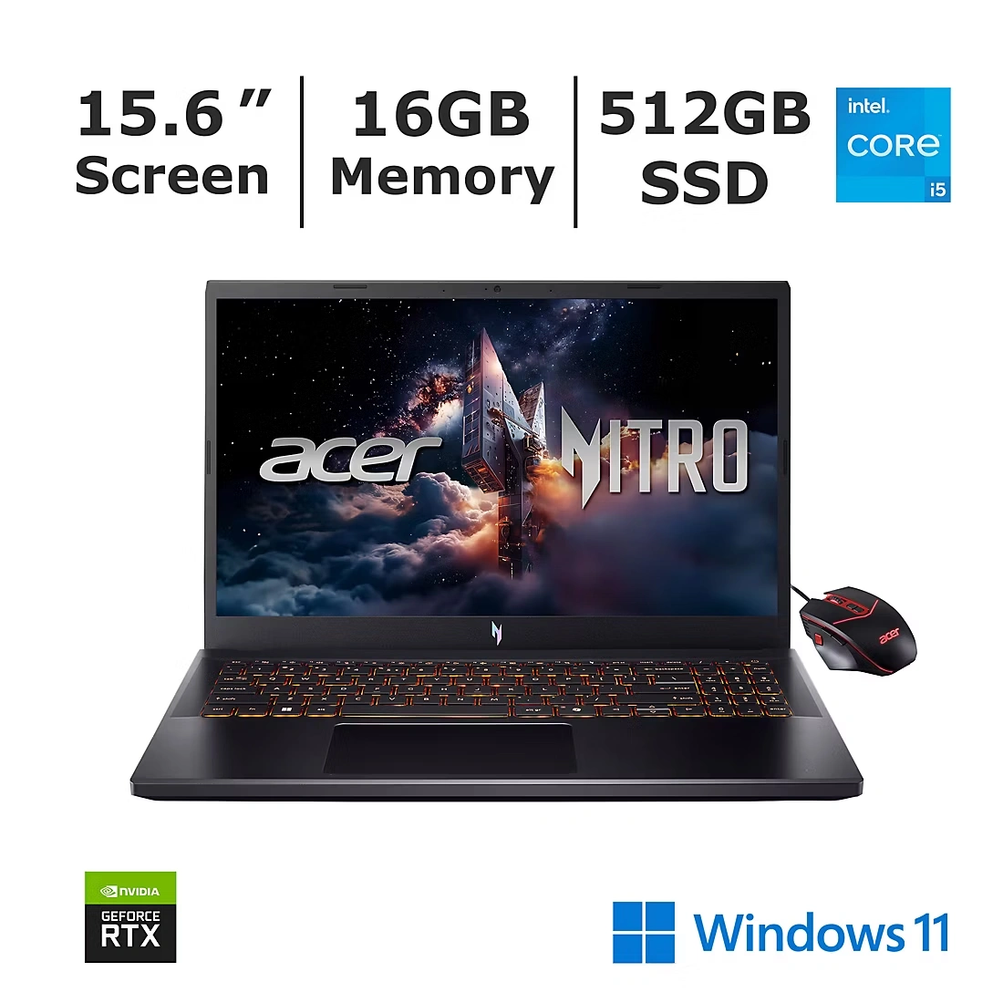 Acer Nitro V 15.6\" FHD 165Hz Gaming Laptop, Intel Core i5 Processor, 16GB Memory, 512GB SSD, NVIDIA RTX 4050, with Bonus Mouse