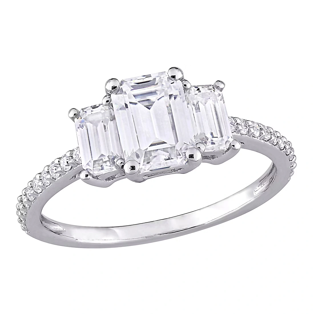 1.75 ct. DEW Created Moissanite Emerald Cut 3-Stone Engagement Ring in 10k White Gold