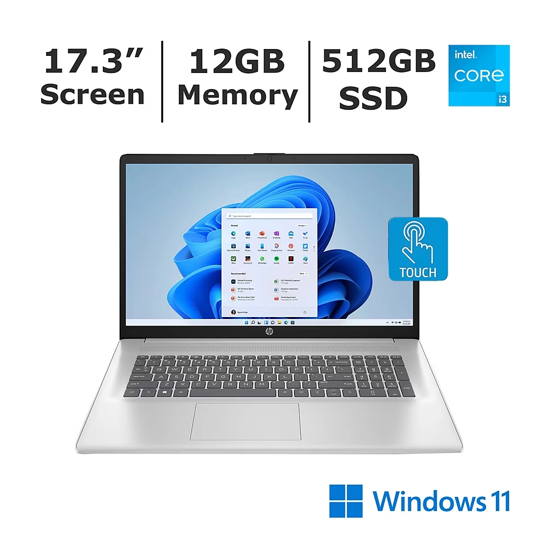 HP 17.3\" Touchscreen Laptop, Intel Core i3 Processor, 12GB Memory, 512GB SSD