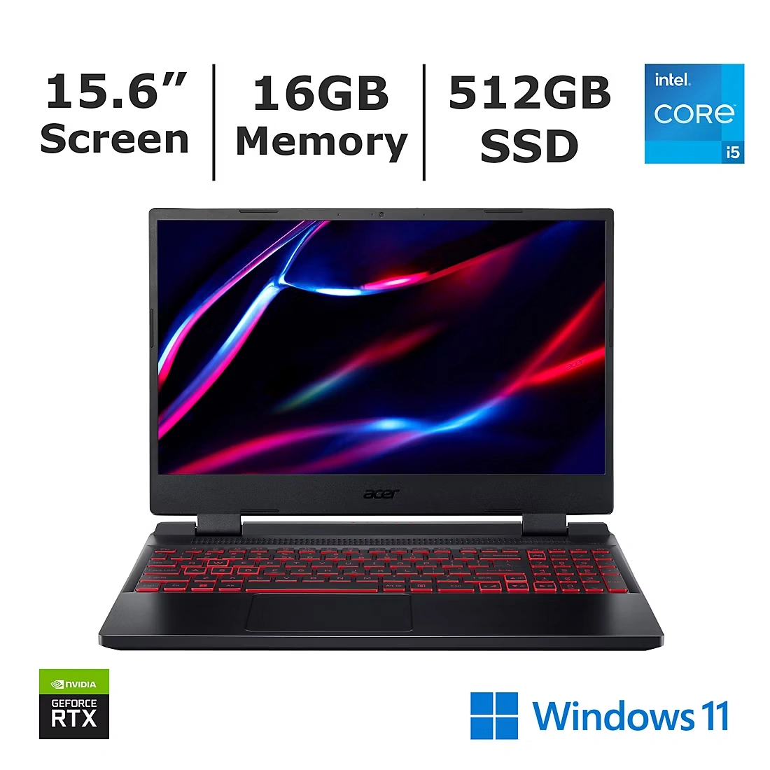 Acer Nitro 5 15.6\" Gaming Laptop, Intel Core i5 Processor, 16GB Memory, 512GB SSD, NVIDIA GeForce RTX 4050