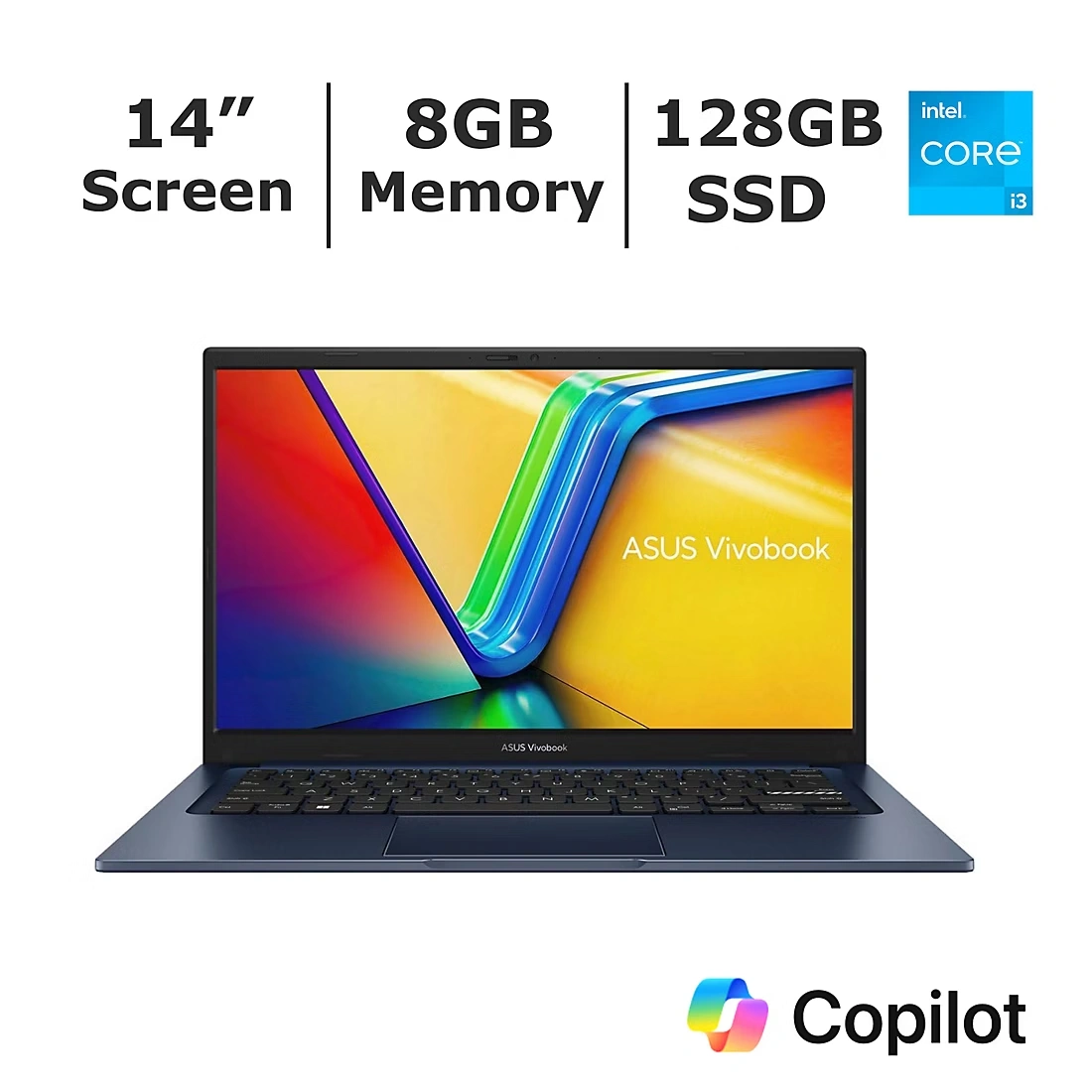 Asus Vivobook 14\" Laptop, Intel Core i3 Processor, 8GB Memory, 128GB SSD, Microsoft Copilot