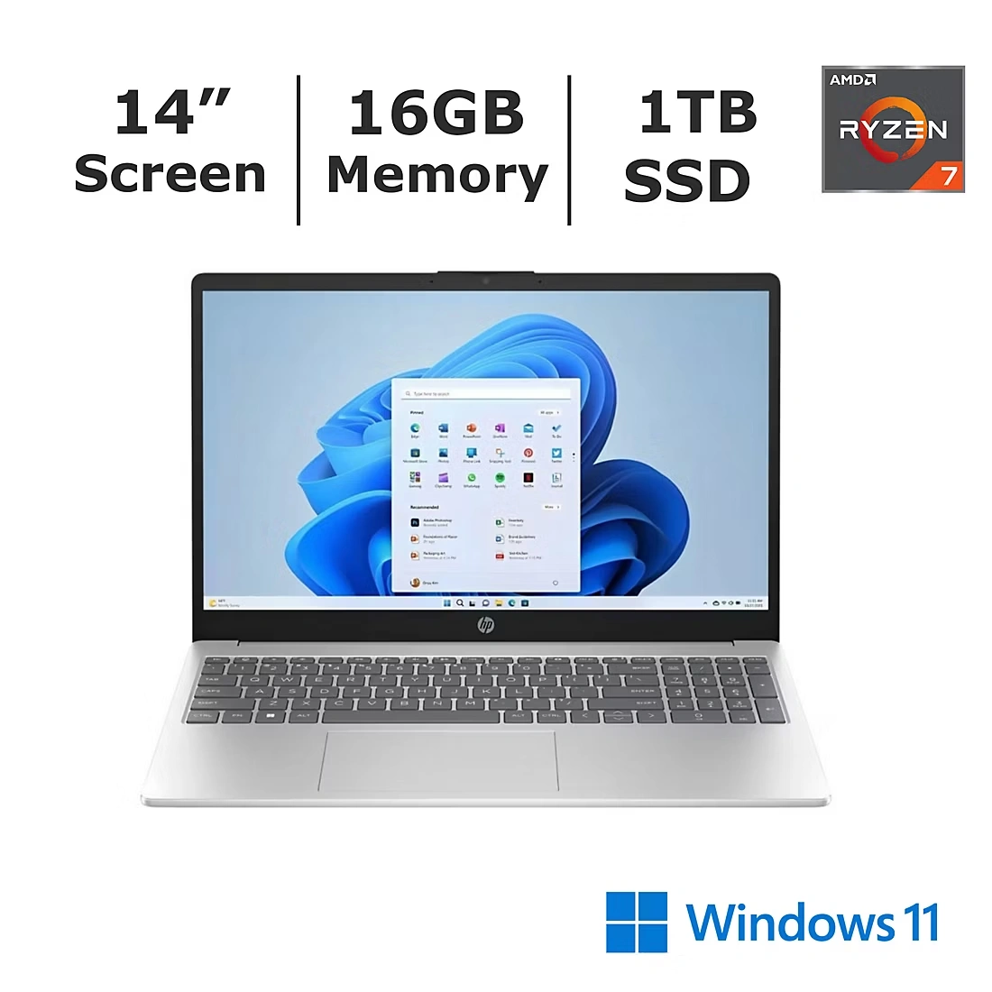 HP 14\" HD Notebook, AMD Ryzen 7 Processor, 16GB Memory, 1TB SSD, Windows 11 Home