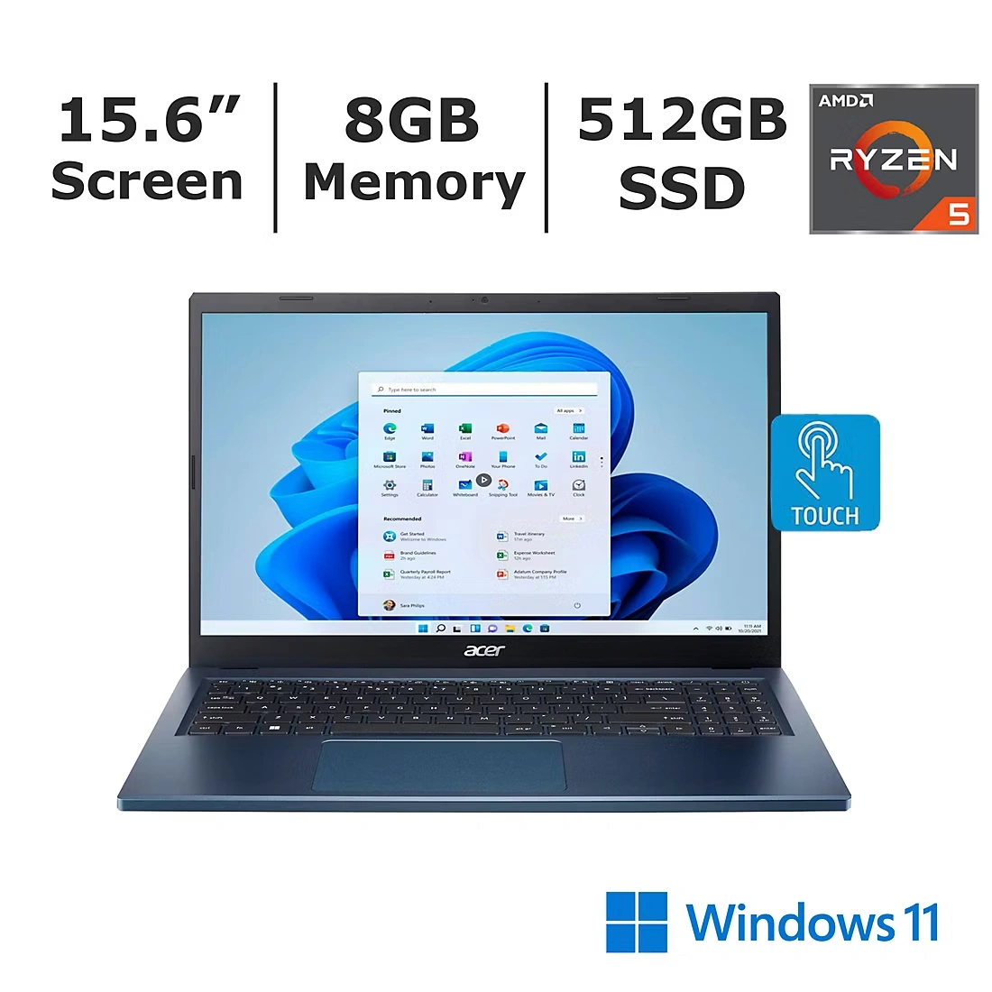 Acer Aspire 3 15.6\" Touchscreen Laptop, AMD Ryzen 5 Processor, 8GB Memory, 512GB SSD, AMD Radeon Graphics
