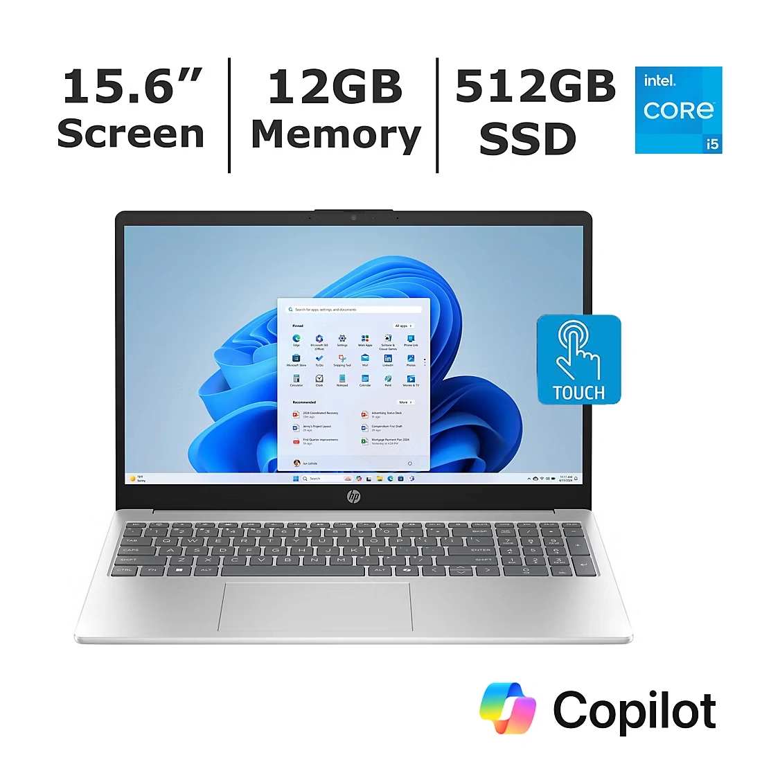 HP 15.6\" FHD Touchscreen Laptop, Intel Core i5 Processor, 12GB Memory, 512GB SSD, Microsoft Copilot