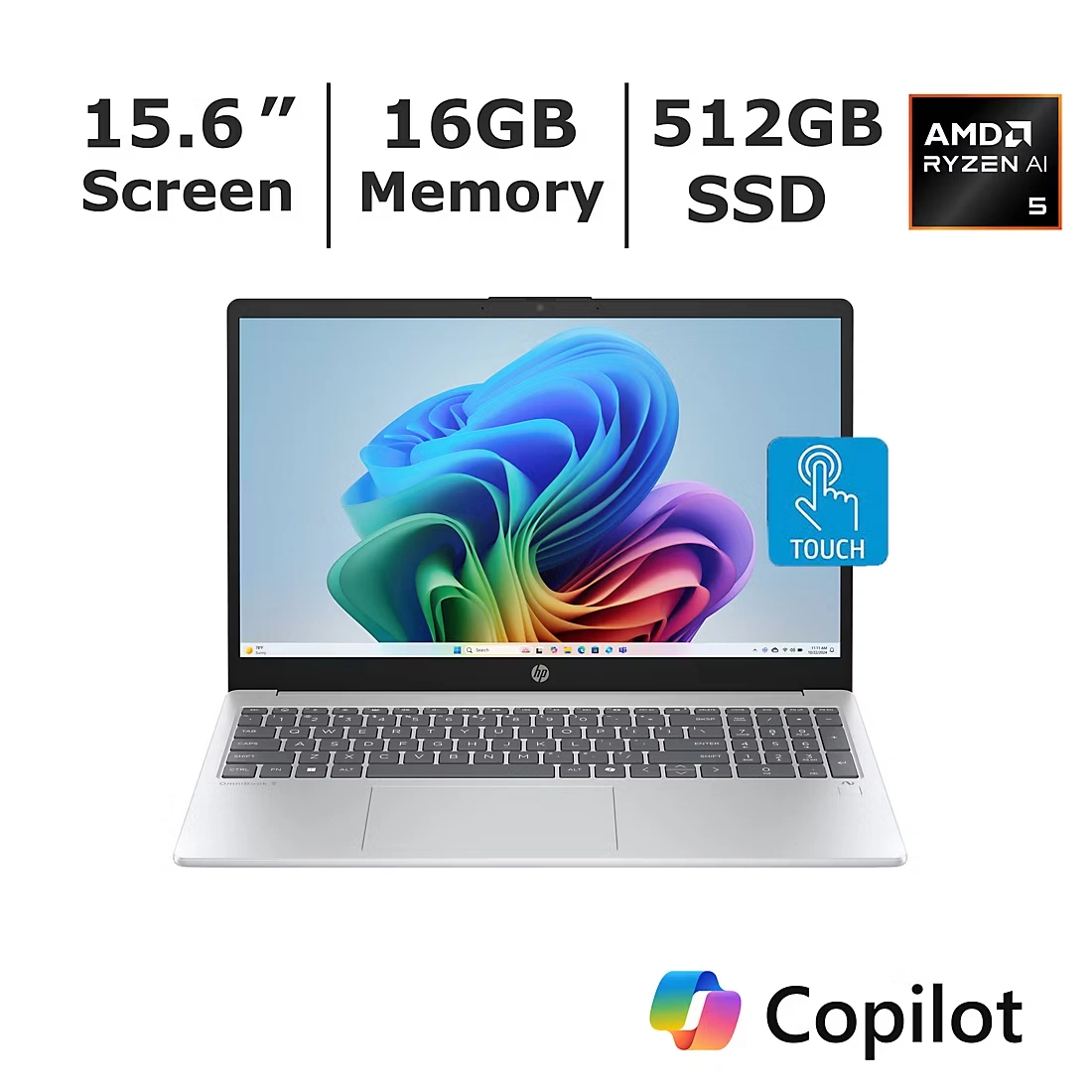 HP OmniBook 3 15.6\" AI Touchscreen Laptop, AMD Ryzen AI 5 Processor, 16GB Memory, 512GB SSD, Microsoft CoPilot+