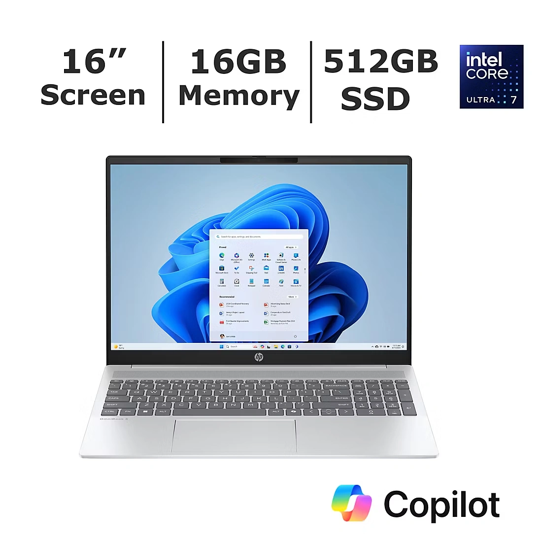 HP OmniBook 5 16\" FHD Touchscreen Laptop, Intel Core Ultra 7 Processor, 16GB Memory, 512GB SSD, Microsoft Copilot